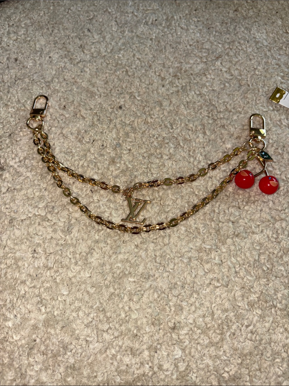 Gold-Tone Double Bag Chain  with Red Cherry Charms and logo